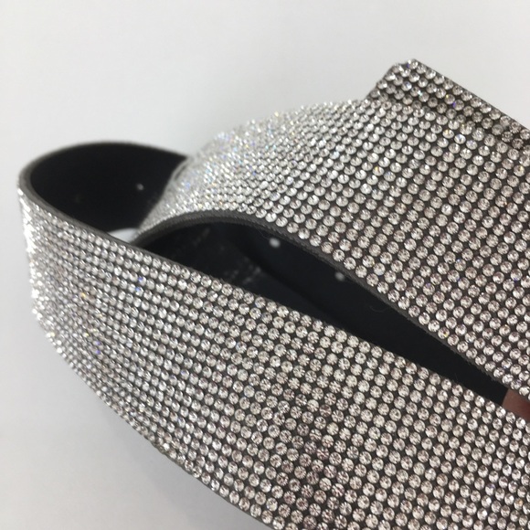 Faux Leather Rhinestone Studded Statement Belt Silver Double Circle Buckle Bling - Picture 2 of 11